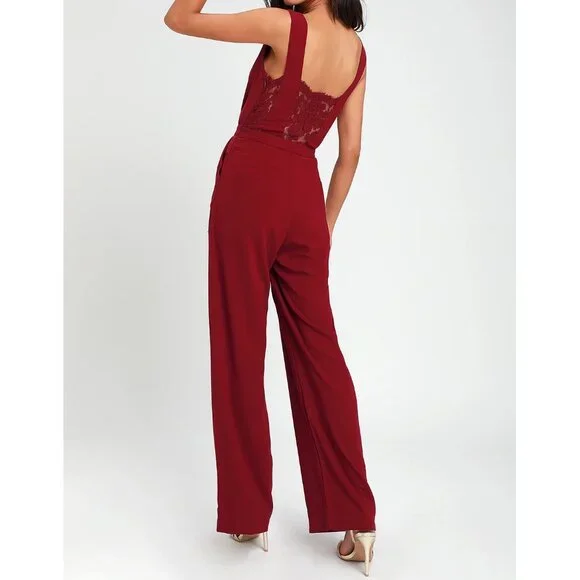 LULUS (XL) Burgundy Kiska Jumpsuit Dressy Red Lace V-Neck Surplice Sleeveless - Picture 2 of 16